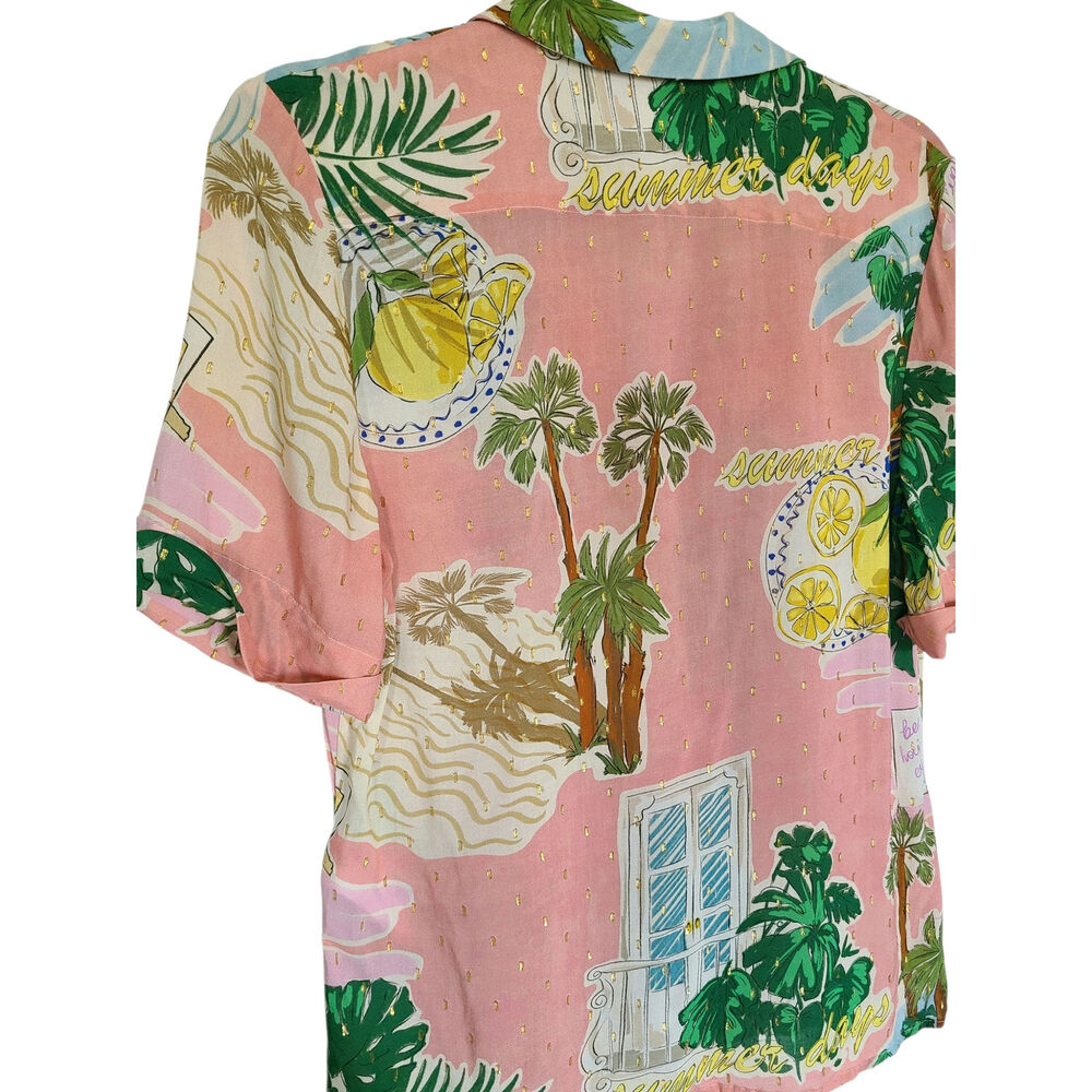 Lena Hoschek "Beach Trip" Hawaii Blouse - Lurex Shimmer Postcard Print Size S - Picture 6 of 7
